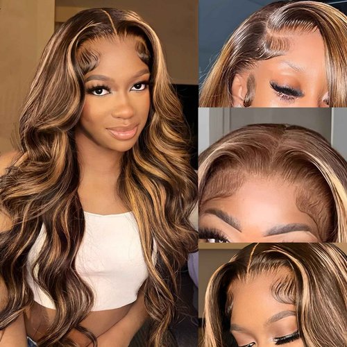 MAXTASK Highlight Ombre Lace Front Wig Human Hair 13x4 HD Transparent 180% Density Body Wave Wigs Human Hair with Baby Hair Pre Plucked for Women 4/27 Honey Blonde Lace Frontal Colored Wigs (26Inch)