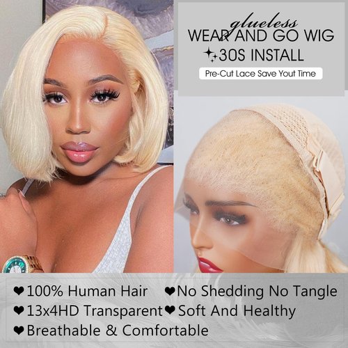 Megalady Beauty Arabella 613 Bob Wig Human Hair 13X4 Ready to Go Glueless Wig 180% Density Straight 613 Bob Wigs Human Hair Pre Plucked with Baby Hair(10 Inch, 13x4 Glueless Bob Wig)