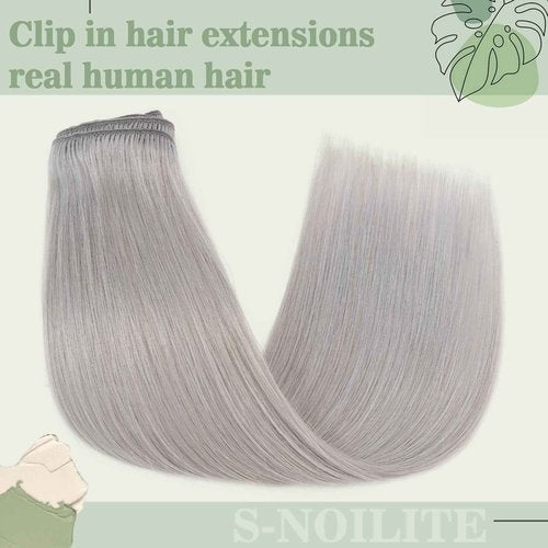 Clip in Hair Extensions Human Hair S-noilite Gray Human Hair Hair Clip in Extensions Full Head 8 Pieces/18 Clips 100% Real Human Hair Silky Straight 18"-100g Light Gray (#G1)
