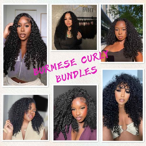 Muzkala Burmese Curly Bundles Human Hair Water Wave Human Hair 100% Unprocessed Brazilian Virgin Remy Hair Bundles Quick Weave for Women Natural Black (Burmese Curly Natural Black, 16 16 16 Inch)