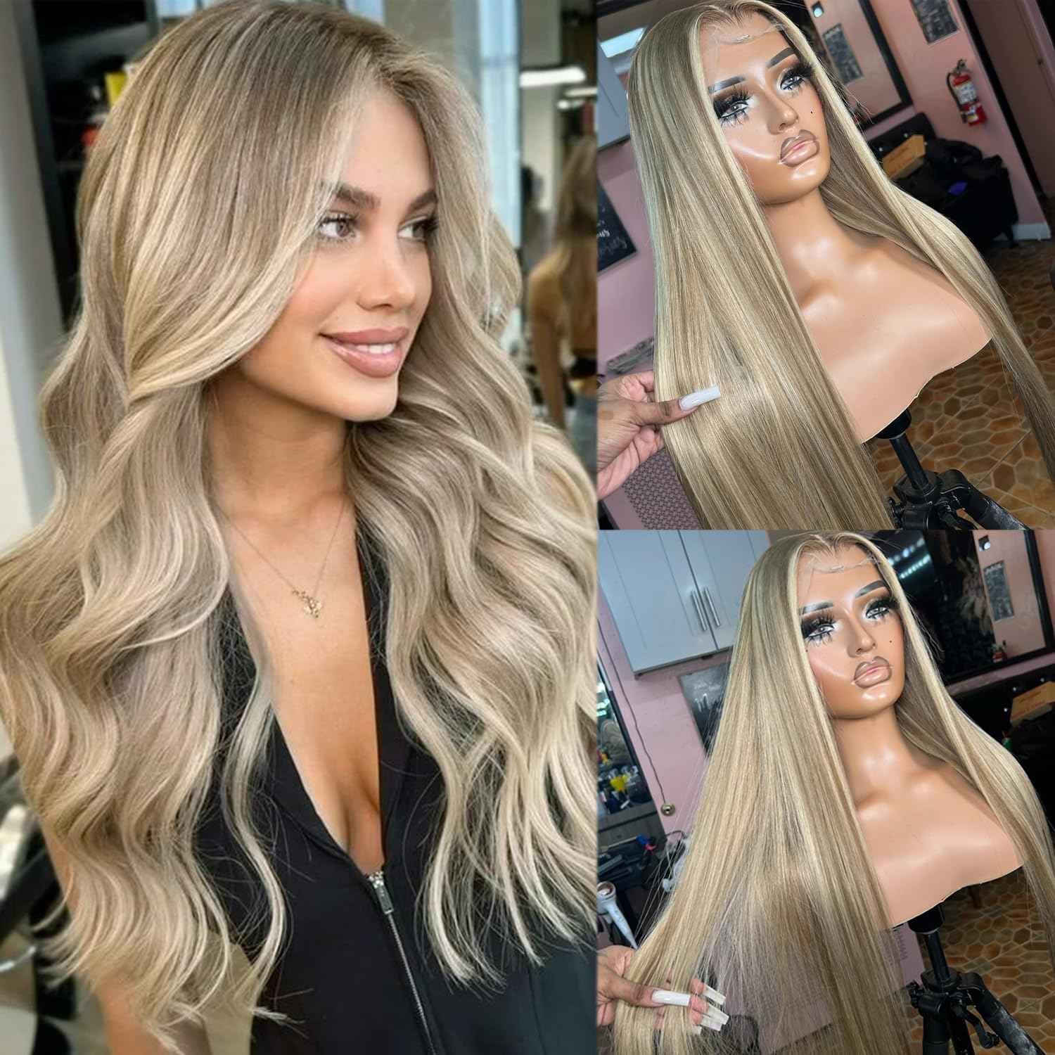 Highlight Ombre Ash Blonde Lace Front Wig Human Hair for White Women, 13x4 Invisible Lace Lace Frontal Wig Pre Plucked Natural Hairline Full 180% Density Real Human Hair Glueless Wigs with Brown Roots