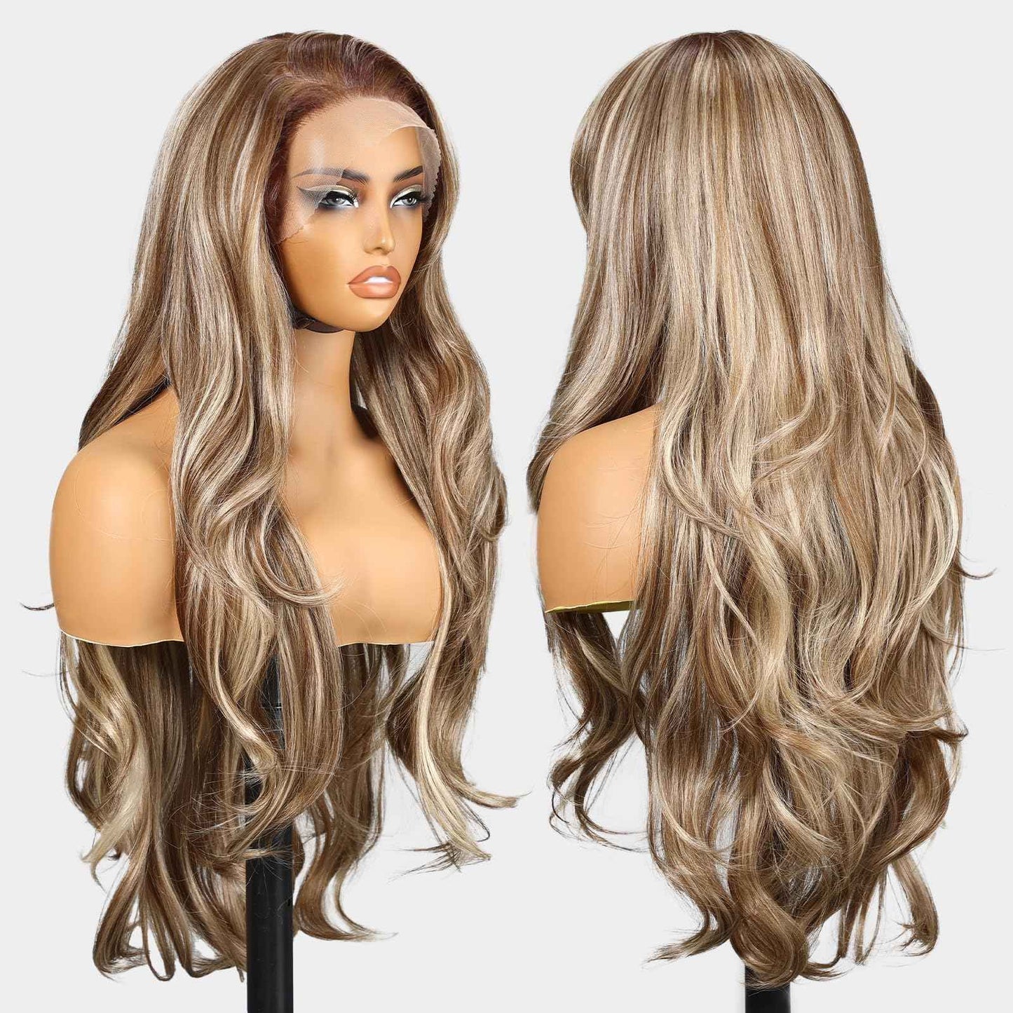 KOME Ash Blonde Synthetic Lace Front Wig,13×6 Blonde mix Brown HD Lace Glueless Wig for Women Daily Use 28IN（TT6/107）