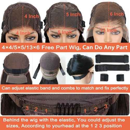 Derun 5x5 Real HD Lace Closure Wigs Human Hair 180% Density Invisible Swiss Lace Front Straight Wig Pre-plucked with Baby Hair Hairline Bleached Knots and Elastic Band Wig for Women (16 Inch, 5×5 ST)