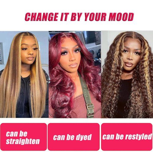 Body Wave Highlight Lace Front Wigs 14a 13x6 hd t Lace Front Wigs Human Hair Pre Plucked 4/27 Colored 180% Density HD Honey Blond Wigs for Black Women Ombre 13x6x1 Transparent Body Wave Wig ( 24 Inch)