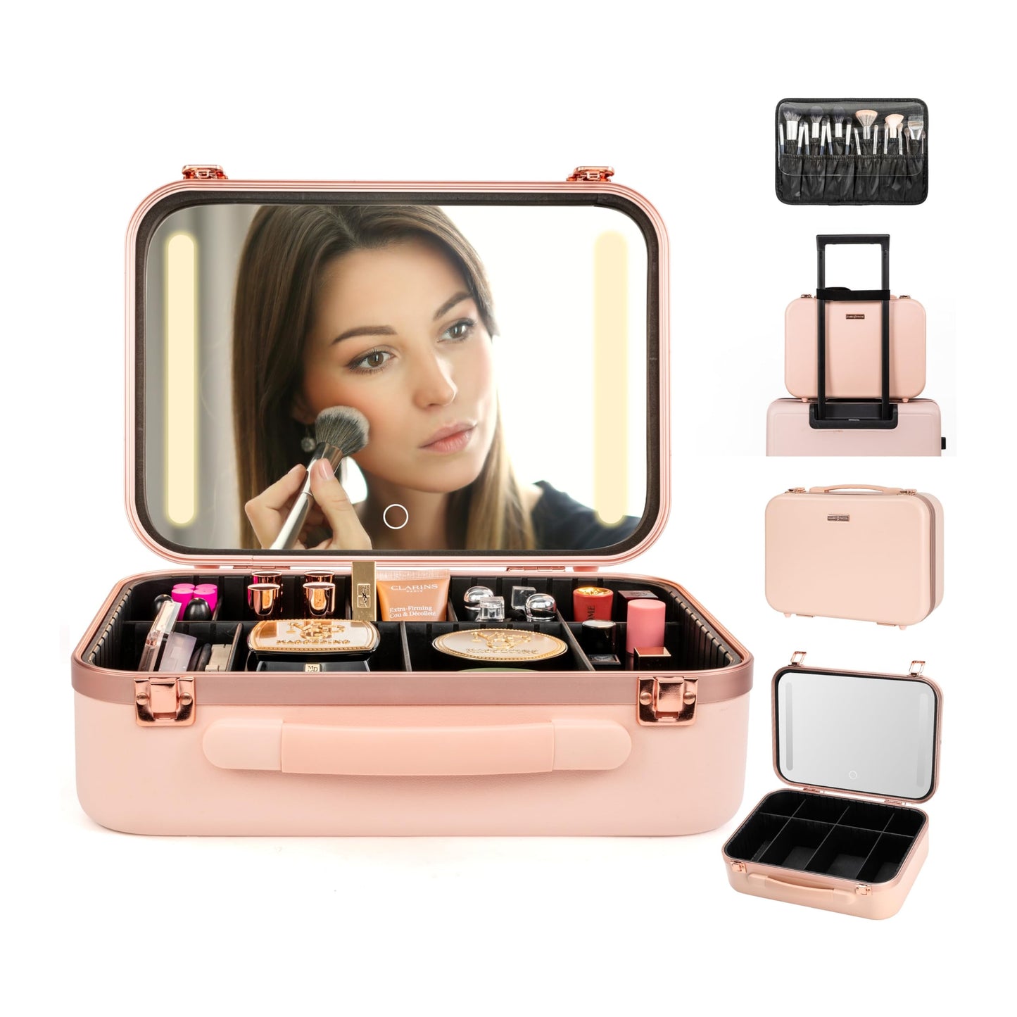 Lighted Makeup Case with Mirror - Large Size 13.4" x 10.2" - Travel Makeup Case With Mirror - Rechargeable LED Travel Vanity Case with Adjustable Brightness - Train Case Makeup Bag - Pink