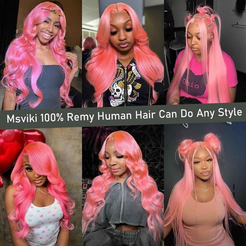 Msviki School Day Candy Pink Human Hair Wig Colored Body Wave Lace Front Wig Virgin Hair 13x4 UHD Transparent Swiss Soft Lace Preplucked Brazilian Hair 18"