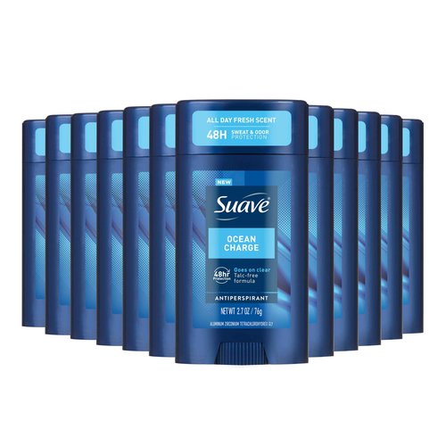 Suave Ocean Charge Men’s Antiperspirant Deodorant, All Day Marine & Driftwood Scent, for 48hr Odor & Wetness Protection, 2.7oz, 12 Pack