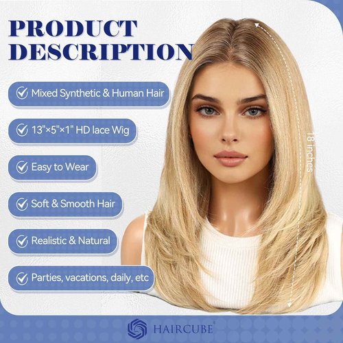 HAIRCUBE Human Hair Wig Lace Front Wig Ombre Ash Blonde Glueless Layered Shoulder-Length HairWigs for Women, Human Hair Blend, 13"×5"×1" HD Lace, 18 Inch Daily Use