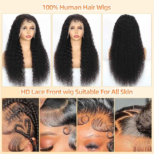 COLORSUPIDOL 32 Inch Deep Wave Lace Front Wigs Human Hair 200 Density 13x4 HD Transparent Lace Frontal Wigs Human Hair Pre Plucked Deep Curly Glueless Wigs for Black Women Natural Color