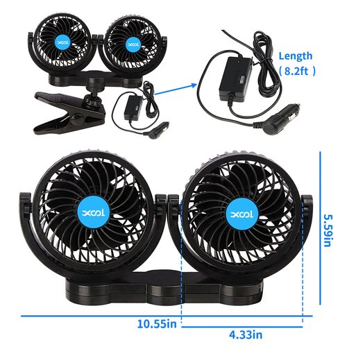 XOOL Clip Car Fan, Adjustable Dual Head 4 Inches 12V Fan for Front/Rear Seat Passenger, 360° Rotatable Electric Car Cooling Fans with Stepless Speed Regulation for SUV, RV, Vehicles