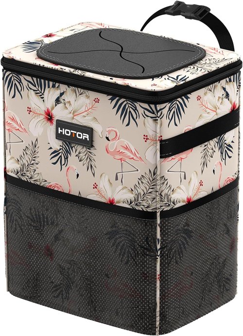 HOTOR Car Trash Can with Lid and Storage Pockets - 100% Leak-Proof Organizer, Waterproof Garbage Can, Multipurpose Trash Bin for Car, 2 Gallons, Flamingo