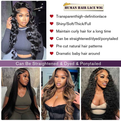 VNFM 32inch 13x6 Body Wave Lace Front Wigs Human Hair 180 Density HD Lace Frontal Wigs Human Hair Pre Plucked Human hair Wig for Women Natural Black