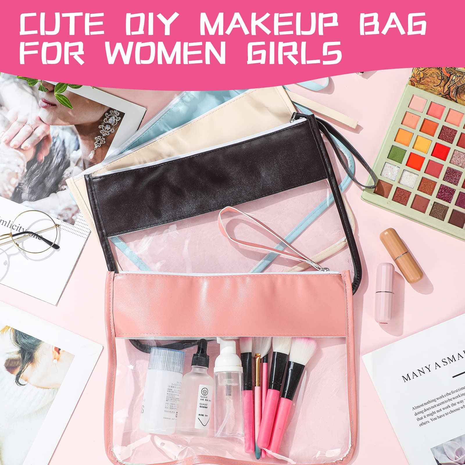 Irenare 16 Pcs Clear Makeup Bag Toiletry Flat Zipper Pouch Preppy Waterproof Clear Cosmetic PVC Pouch with Wristlet Toiletry DIY Chenille Letter Snack Bag for Women(Multi Colors)