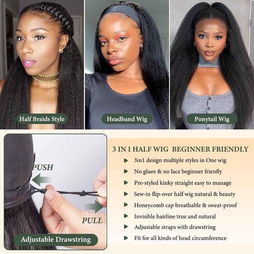 Prosa Kinky Curly Half Wig, 3-in-1 Synthetic Hair with Drawstring Headband, Clip-in Glueless Seamless Flip Over Design, Color 1B, for Women (26inch)