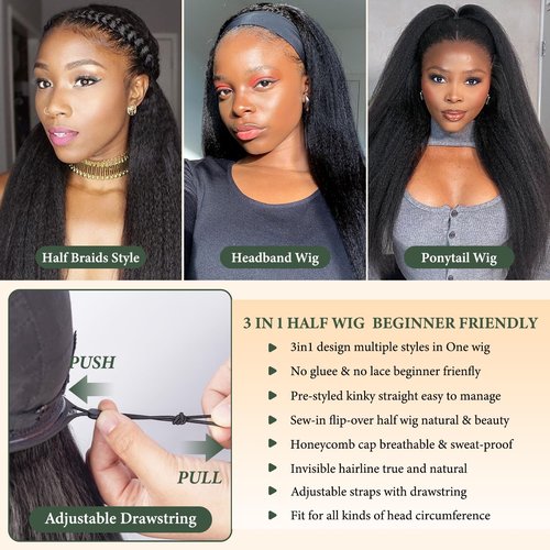 Prosa Kinky Curly Half Wig, 3-in-1 Synthetic Hair with Drawstring Headband, Clip-in Glueless Seamless Flip Over Design, Color 1B, for Women (18inch)