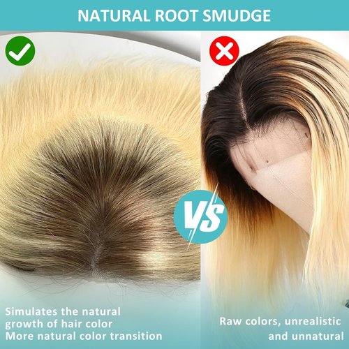 Msviki 5X5 Wear And Go Blonde Wig Human Hair 2.0-613 Upgraded Brown Roots 200% Density Ombre 2 Tone Blonde Wig For Women UHD Pre-Cut Lace Bob Wigs No Mix Fiber Brazilian Virgin Hair 10 Inch