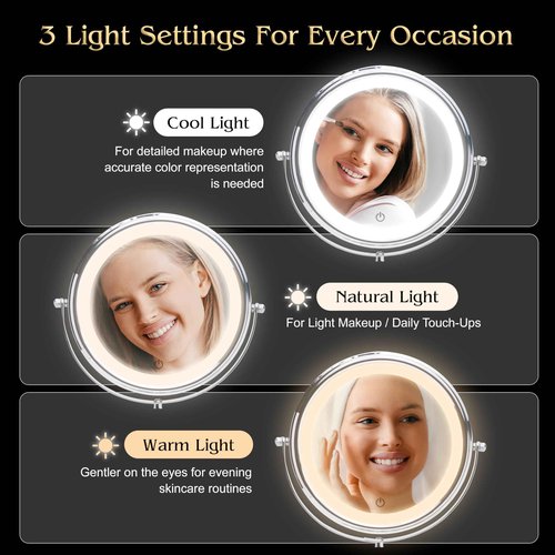 Ultra Zoom 20X Magnifying Lighted Table Mirror for Makeup - 20X & 1X Dual Sided LED Make-up Mirror with 3 Light Modes, Rechargeable Battery with USB Cable - 8" Wide & 15" Tall (Chrome)