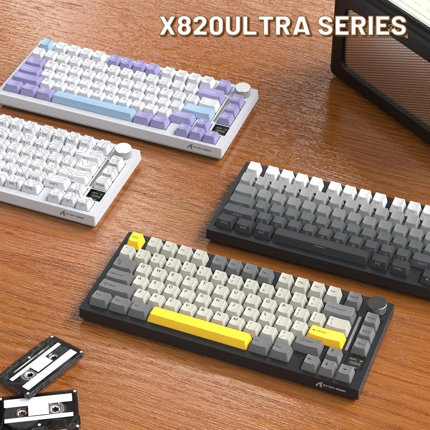 Attack Shark ajazz AK820 Wired Mechanical Gaming Keyboard with Volume Knob Hot Swappable 75% Gasket Keyboard 5-Layer Noise Absorbing Foam PBT Keycap Ice Blue Backlit Blue Switch for PC/Win/Mac-White