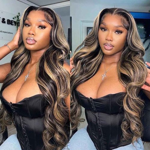 eddfine Ombre Glueless Wigs Human Hair Pre Plucked Pre Cut 5x5 Hd Lace Closure Wigs Human Hair 16 Inch 1B/27 Colored Highlight Body Wave Wigs 250% Density Glueless Wigs for Beginners