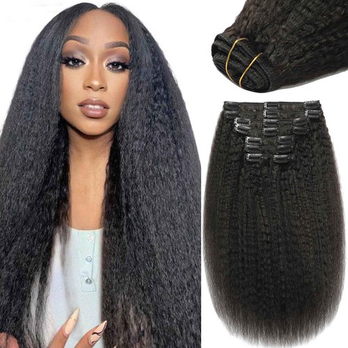 Yaki Straight Human Hair Clip in Extensions 100% Unprocessed Brazilian Virgin Hair Clip Ins Kinky Straight Hair Clip ins Natural Black 8pcs with 18 Clips 120g Per Set (22 Inch)