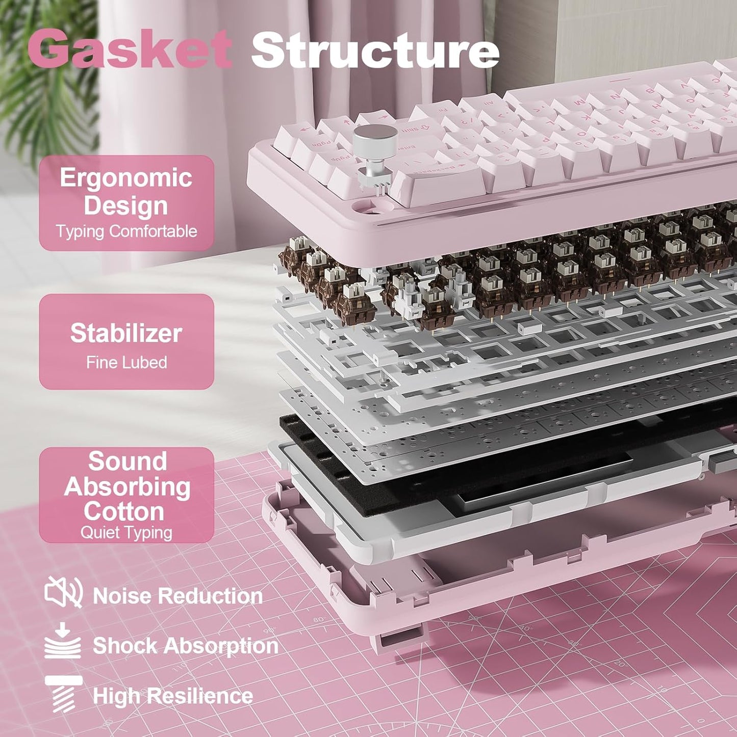 YUNZII B68 Wireless Mechanical Keyboard,Tri-Mode BT5.0/2.4GHz/USB-C,Cute PBT Keycaps,Hot Swappable Creamy Typing Gasket Mounted,RGB Backlit NKRO for Win/Mac (Pink, Cocoa Cream V2 Switch)