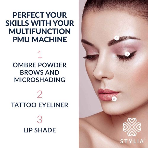 Stylia Permanent Makeup Machine Set – Wireless Machine Kit with 2 Rechargeable Lithium Batteries, Power Adaptor and 16 Cartridges – Microblading Supplies, Low-Noise, High-Speed Motor