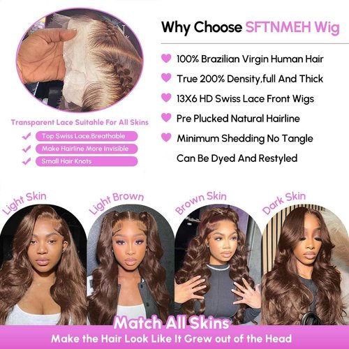 SFTNMEH 30 Inch Chocolate Brown Lace Front Wig 200 Density 13x6 HD Body Wave Human Hair Wig for Women with Baby Hair