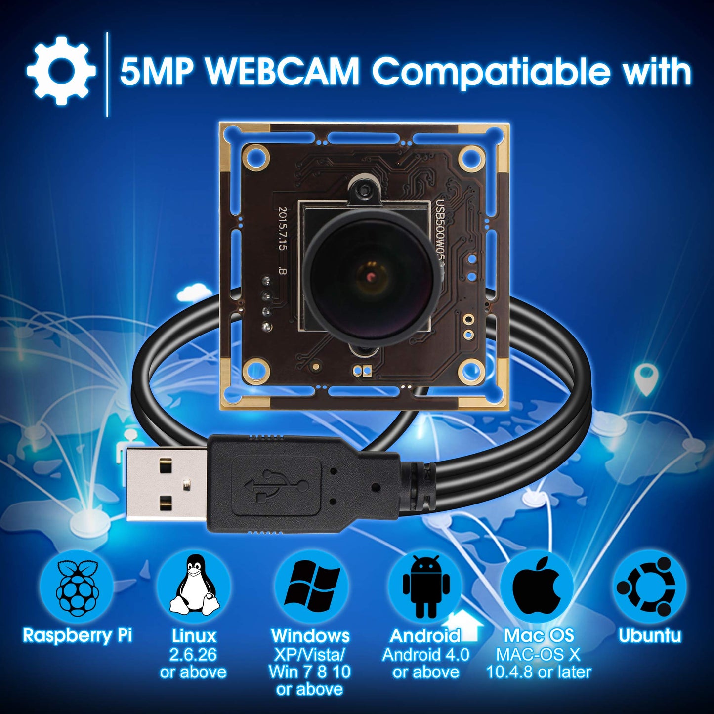 5MP HD 1944P Webcam 170 Degree Fisheye USB Camera Module with Aptina 1/2.5 MI5100 CMOS Sensor Webcamera Mini Industrial Web Cam,Plug&Play Support USB 2.0 OTG UVC