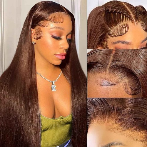 Brown Straight Lace Front Wigs Human Hair 200 Density Chocolate Brown Lace Front Wig Straight 12A 13x4 HD Transparent Full Lace Frontal Wigs Pre Plucked Brown Human Hair Wig 24 Inch