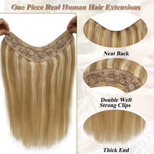 Benafee Clip in Hair Extensions Real Human One Piece 20 Inch 100 Gram Full Head Caramel Blonde to Platinum Seamless ins Straight Hair, 3.5274 Ounce