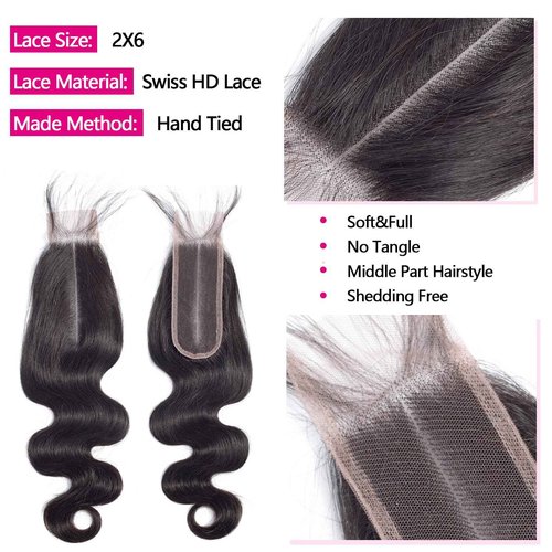12A Human Hair Bundles with 2x6 Closure 18 20 22 with 16 Inch Brazilian Body Wave 3 Bundles Human Hair with 2x6 HD Lace Closure 100% Unprocessed Virgin Human Hair Weave