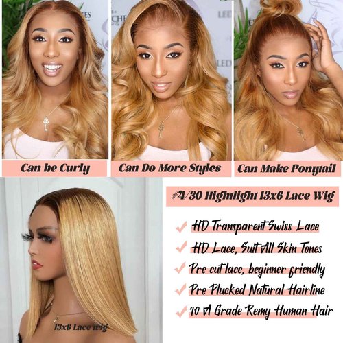 Ombre Blonde Lace Front Wig Human Hair,Glueless Blonde 13x6 HD Lace Front Wigs Human Hair Pre Plucked #4/27 Colored Ombre Brown to Blonde Straight Lce Frontal Human Hair Wig for Women Free Part