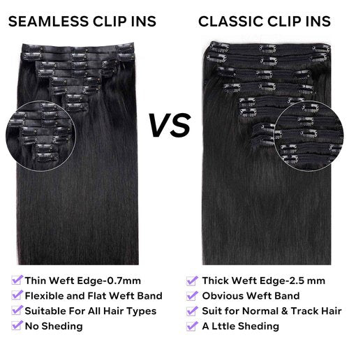 Pobokix Seamless Clip In Hair Extensions Real Human Hair Straight 8Pcs 120g Hair Extensions Clip In Brazilian Human Hair Extensions PU Skin Weft with 18Clips 24inch Natural Black