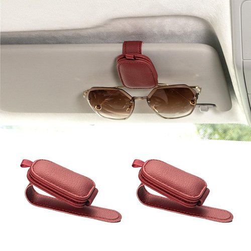 Yuoyar Sunglass Holder for Car, Magnetic Leather Sunglasses Holder and Ticket Card Clip, Car Visor Accessories, 2 Packs (Red)