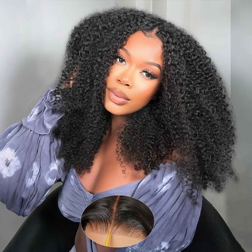 Kinkycurly Wig Human Hair 200 Density HD Lace 9x6 Afro Kinky Curly Ready to Wear Glueless Wigs Human Hair Pre Plucked Pre Cut Deep Parting Closure Wigs Glueless Wig for Black Women 16 Inch