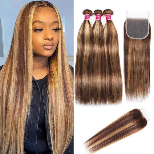 Realloves Highlight Ombre Human Hair Bundles with Closure 10A Highlight Brown Blonde 3 Bundle with 4X4 Closure Free Part (12 14 16+12Inch) Soft Straight Honey Brown Bundles Human Hair