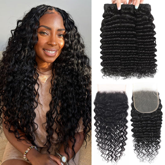 12A Human Hair Bundles with Closure-Deep Wave Bundles 14 16 18+12 Inch 5x5 HD Lace Closure Water Wave, Wet and Wavy 100% Brazilian Virgin Deep Curly 3 Bundles Human Hair Quick Weave Bundle for Women