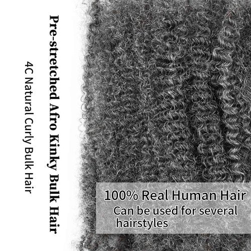 Pre-sretched Afro Kinkys Bulk Human Hair Human Hair for Locs/Twists/Braids/Repair Locs Afro Kinky Curly Bulk Can Bleach And Dye(#SALT&PEPPER,18inch 50g)
