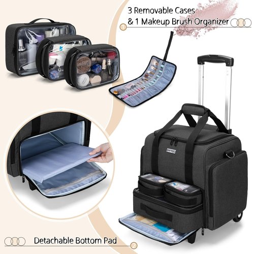 BAFASO Rolling Makeup Case with 3 Removable Pouches and 1 Makeup Brush Bag, Professional Makeup Train Case Cosmetic Bag with Detachable Dolly (Patented), Black