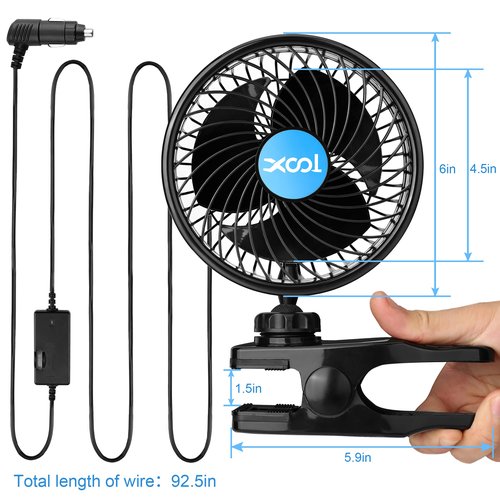 XOOL 12V 6'' Car Fan, Clip Fan 360 Degree Rotatable Car Fan Cooling Air Fan with Stepless Speed Regulation & Cigarette Lighter Plug for SUV, RV, Vehicles