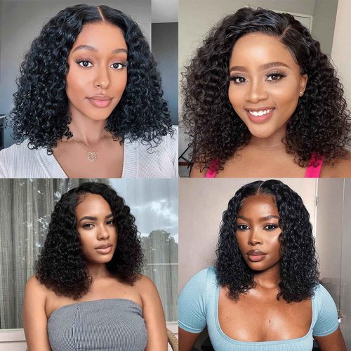 VIULKY 14 Inch Deep Wave Bob Wig Human Hair Glueless 13x6 Lace Front Wigs Human Hair Wigs for Black Women Pre Plucked 200 Density HD Short Curly Lace Frontal Wig Natural Black
