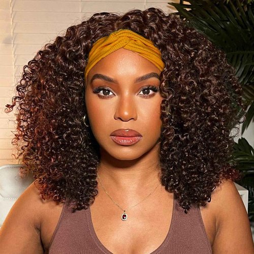 Short Curly Headband Wigs Human Hair Wig for Black Women, Color #4 Glueless Kinky Curly Wigs 100% Unprocessed Hair Chocolate Brown None Lace Front Wigs Dark Brown 150% Density (14 Inch, #4)