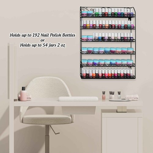 AMT 6 Tier Up to 192 BOTTLES Metal Nail Polish Racks for the Wall, Quality Nail Polish Display, Essential Oils Organizer. Holds up to 192 Bottles (Black)