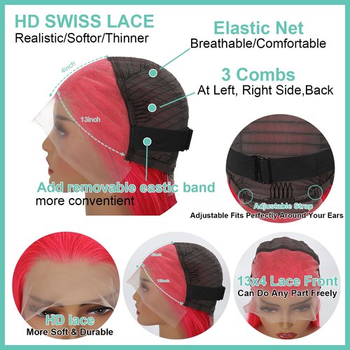 SEXAY Pink Bob Wigs 13x4 HD Lace 100% Human Hair Front Wig Brazilian Unprocessed Virgin Human Hair Wigs Pre Plucked Natural Hairline Transparent Lace Pink Front Bob for Women (14")