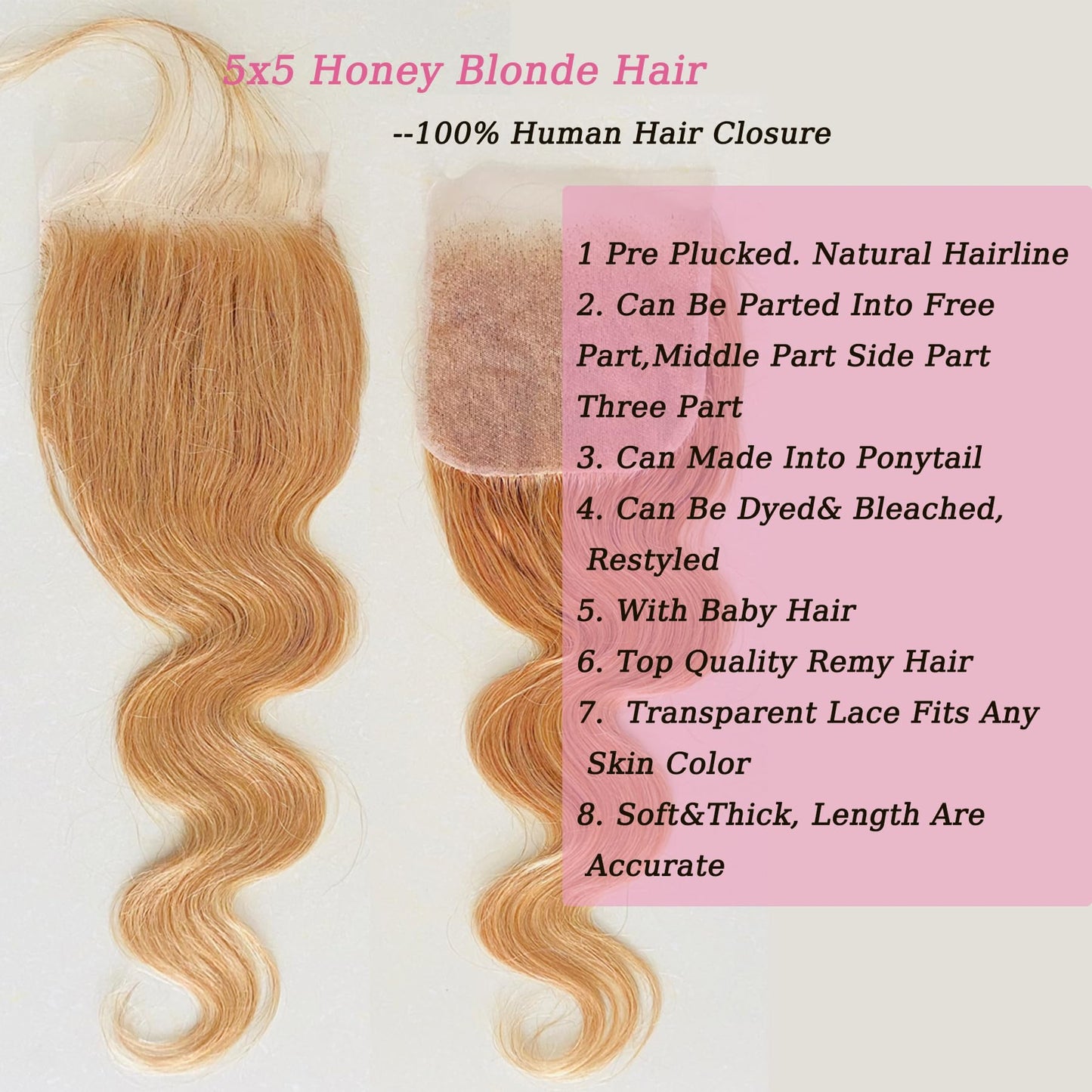 Honey Blonde Closure 5X5 Lace Closure Color #27 Closure 10a Human Hair Natural-Hair-Line Pre Plucked With BabyHair 22 Inch