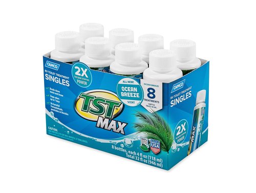 Camco TST MAX RV Toilet Treatment - Formaldehyde Free - Breaks Down Waste And Tissue - Septic Tank Safe - Treats up to 8-40 Gallon Holding Tanks -Ocean Breeze Scent, (8) 4 oz Bottles (41610)