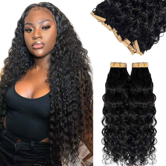 Long Curly Wave Tape in Hair Extensions Natural Color 22 Inch Water Wave Tape in Human Hair Extensions 40PCS 100G Thick and Full Invisible Tape ins Water Wave Real Remy Human Hair Pieces Black