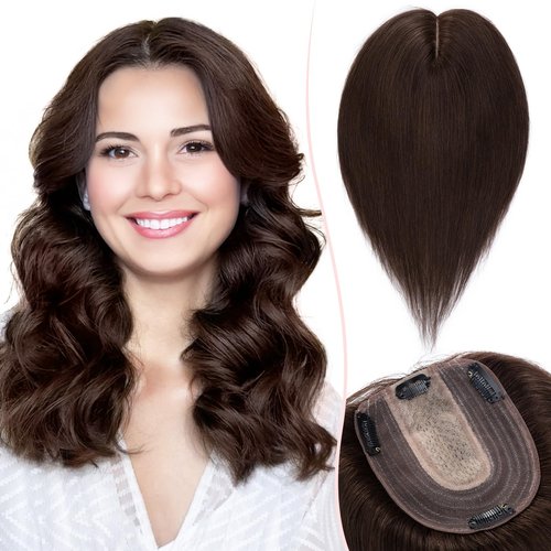 SEGO Pro Hair Toppers for Women Real Human Hair with No Bangs Upgrade Lace Base 3.9 * 4.7 Inch Clip In Topper Hairpieces for Women #02 Dark Brown 6 Inch
