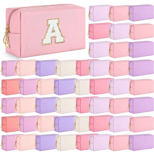 Cunno 50 Pcs Makeup Bag Bulk PU Leather DIY Cosmetic Plain Preppy Makeup Pouch Portable Waterproof Toiletry Bags for Women Travel Pencil Case Cosmetic Organizer (Pink Purple)