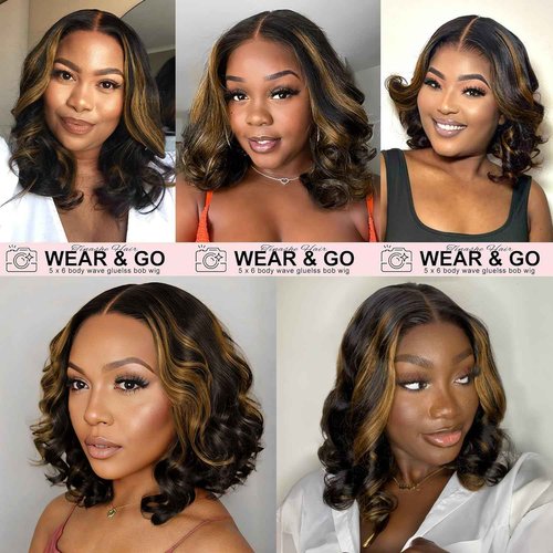 Tinashe Wear and Go Glueless Bob Wigs Human Hair 5x6 HD Lace Closure Wigs Pre Plucked Body Wave Lace Front Wigs Human Hair Short Wigs for Black Women (Loose Body Bob Wig P1B/2/30, 14inch)